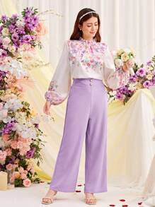 SHEIN Conjunto de 2 peças com Camisa Tecida de Manga Bolha Floral para Adolescente com Decoração de Botão de Pérola e Calça Casual Longa