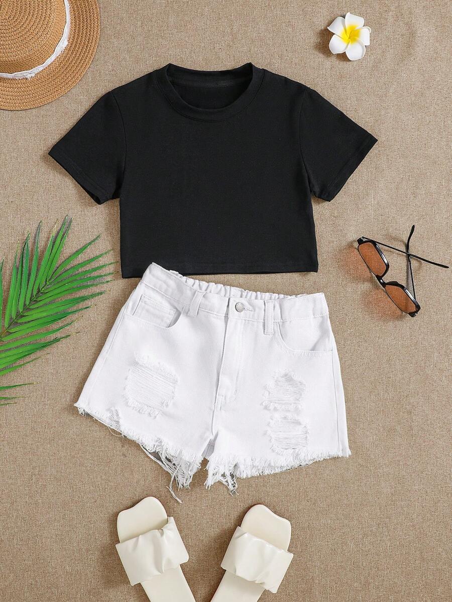 SHEIN Tween Girls' Spring Summer Boho 2 Pieces Solid Short Sleeve T Shirt & White Distressed Ripped Raw Hem Denim Jeans Shorts Set,Summer Girls Clothes Outfits - Multicolor - View 1