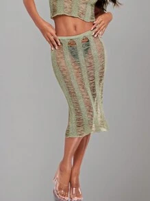 SHEIN BAE Solid Color Ripped Sweater Skirt - Blue - View 9