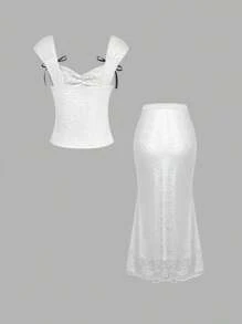 Sweetra Của phụ nữ Ren Áo Và Đuôi nàng tiên cá Bộ váy Với Nơ bướm Đồ trang trí - trắng - Xem 2