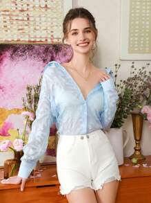 GENKIRA Quý cô Đúng mốt Họa tiết Ngẫu nhiên Tay áo dài Áo sơ mi - Màu xanh lam - Xem 1