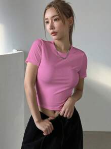 DAZY 夏季短袖肋編短款貼身T恤 - 粉色 - 查看 4