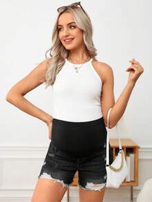 SHEIN Shorts de mezclilla elásticos con diseño desteñido y cintura alta para mujeres embarazadas - Negro - Ver 3