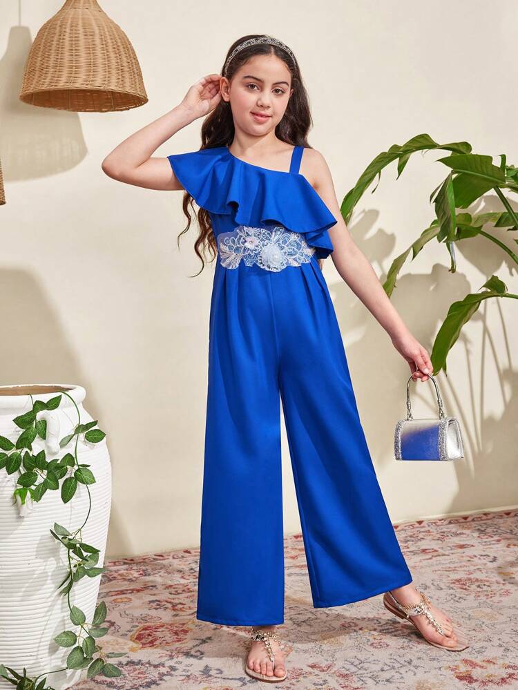 Tween Girls' Cute Asymmetrical Neck Jumpsuit With Ruffle Trim And Waist Applique Decoration, Long Length