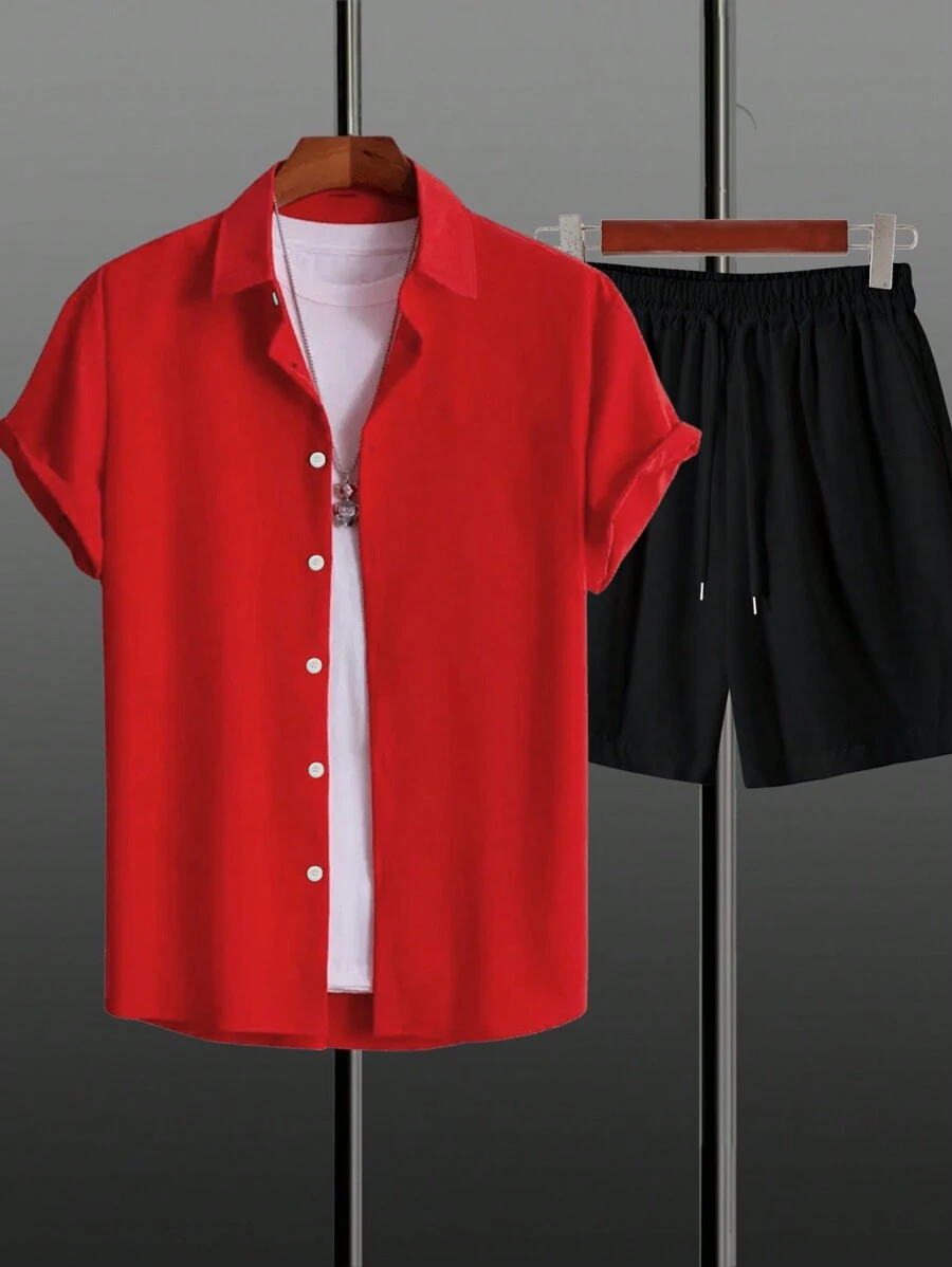 Conjunto de Camisa Roja de Manga Corta y Shorts Negros para Hombre con Estilo y Sencillo - Rojo - Ver 1