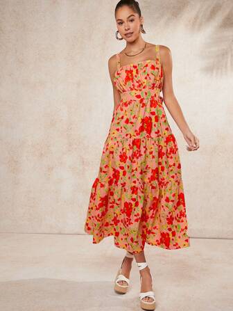 L'Amorae 花卉印花分層系帶連衣裙