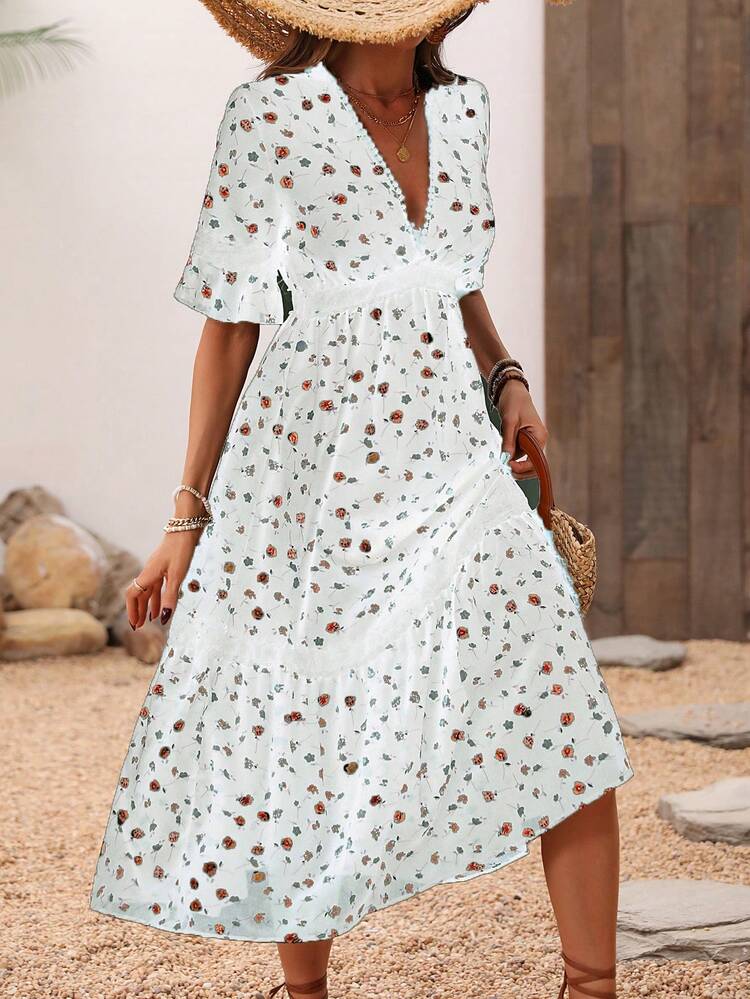 Women's Elegant Deep V-Neck Floral Print Dress