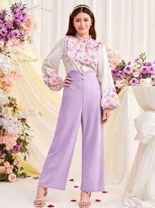 SHEIN Conjunto de 2 peças com Camisa Tecida de Manga Bolha Floral para Adolescente com Decoração de Botão de Pérola e Calça Casual Longa