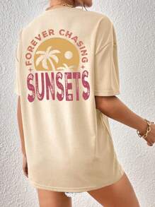 INAWLY 椰子树和字母印花落肩宽松短袖 T 恤，适合夏季休闲装 FOREVER CHASING SUNSETS - 杏色 - 查看 4