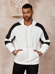 Manfinity Homme Men's Plus Size Fashionable Color Block Sweatshirt With Hood - Black and White - View 3