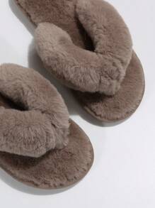 Fall/Winter Flat Women's Flip Flops With Toe Clamp, Comfortable Indoor Slippers,Fluffy Slippers - Khaki - View 5
