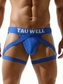 DrisQ 男士性感內褲,剪裁和中空設計,字母印刷紙帶和圓形裝飾 - 藍色 - 查看 3