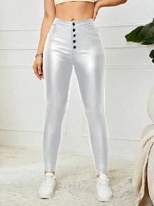 Chiquease Pantalones pitillo metálicos de moda para mujer