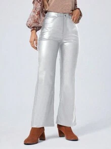 SHEIN MOOSTA Women Silver Coated Pocket Relaxed Straight Leg Casual Pants