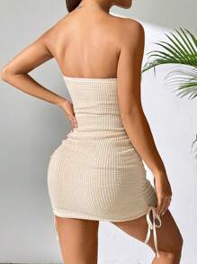 SHEIN PETITE Của phụ nữ Mùa hè Bên Dây rút Dệt kim Waff Kẻ sọc Đan Áo ngực quây Váy bodycon - Màu be - Xem 2