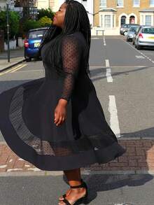 Plus Size Spring Polka Dot Contrast Mesh Black Dress