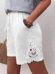 EMERY ROSE Women's Stylish Drawstring Shorts With Hollow Out Design - White - View 3