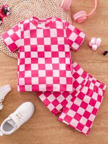 Conjunto De Dos Piezas De Verano Para Niñas Jóvenes, Lindo Y De Moda, Con Patrón De Ajedrez, Con Camiseta De Manga Corta Y Pantalones Cortos