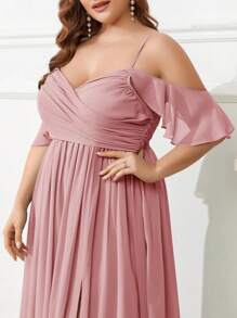 SHEIN Belle Plus Size Chiffon Bridesmaid Dress With Shoulder Cut-Out, Pleated Front, Waist Belt, High Slit And Cami Straps Elegant Dress - Dusty Pink - View 5