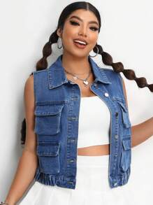 SHEIN EZwear Kích thước lớn Nhiều túi 3D Cái túi Áo khoác Áo vest - Rửa tối - Xem 1