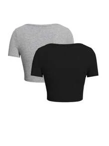 INAWLY Women's Solid Color Cropped Tee With Big Round Neckline - Multicolor - View 2