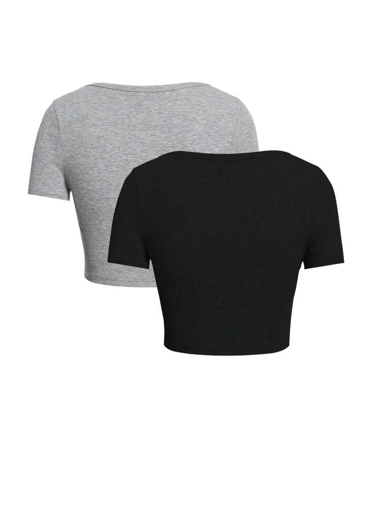Women's Solid Color Cropped Tee With Big Round Neckline