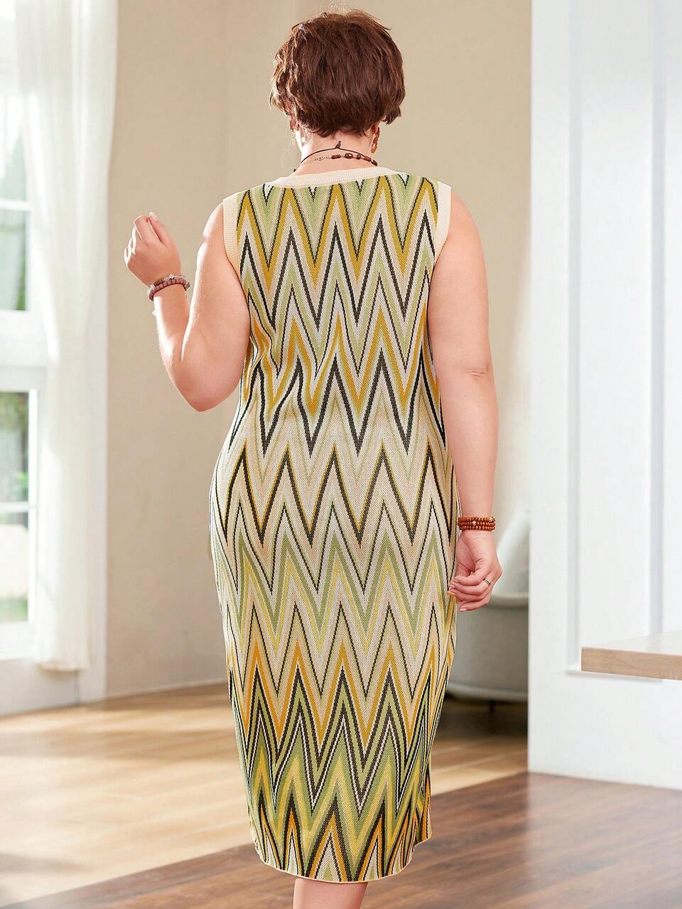 Women's Plus Size Sleeveless Houndstooth Colorblock Dress For Summer