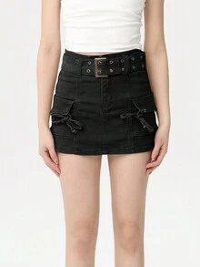 Rikumo Y2K 街头复古翻盖口袋饰带细节工装牛仔迷你裙 夏季辣妹音乐节休闲黑色 - 黑色 - 查看 4