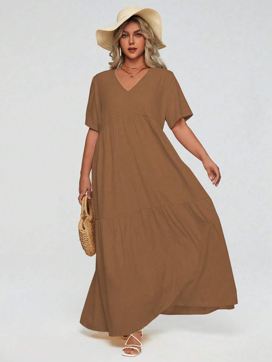 Breezaya Robe maxi extra longue avec volants pour femmes grandes tailles - Kaki - Voir 1