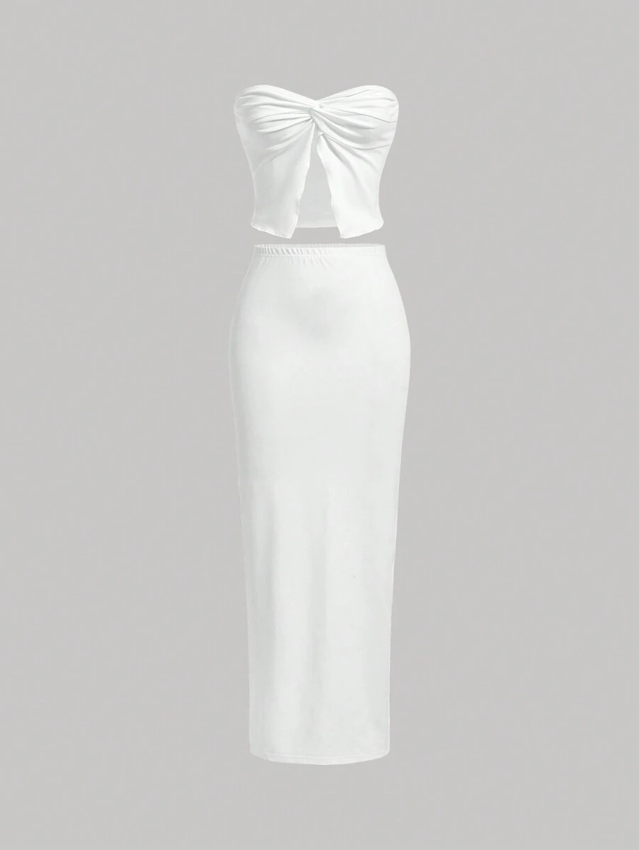 SHEIN MOD Của phụ nữ Trắng Mặt trước xoắn Áo không dây Và Chân váy dài Bộ - trắng - Xem 1