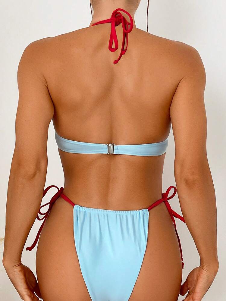 Women's Sexy Bikini Set With Contrast Trim, Underwire And Halter Neckline Summer Beach