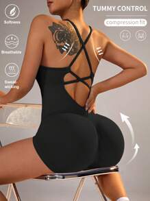 Slayform 女士时尚瑜伽运动连体衣健身服 - 黑色 - 查看 2