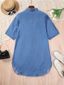 Teen Girl Basic Casual And Versatile Mid-Blue Washed Loose And Comfortable Denim Shirt Dress - Medium Wash - View 2