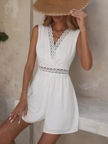 SHEIN Frenchy 白色不可或缺之夏季服裝、婚禮季必備、cottagecore風格連身褲、容易穿梭的連體短褲、配有襯裡的瑞士小圓點雪紡 - 白色 - 查看 4