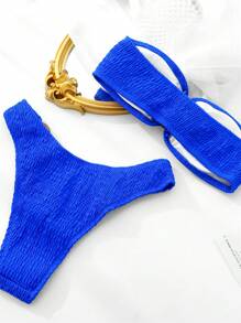 SHEIN Swim Summer Solid Color Textured Strapless Bikini Set For Beach,Summer Beach