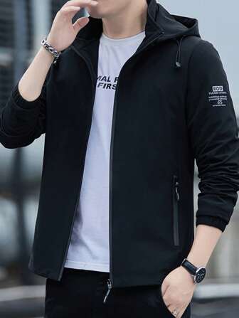 男士休闲连帽风衣夹克 - 春/秋宽松版型拉链夹克，带口袋