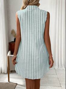 EMERY ROSE 夏季條紋紐扣扣縫無袖休閒中長款連衣裙 - 綠色 - 查看 2