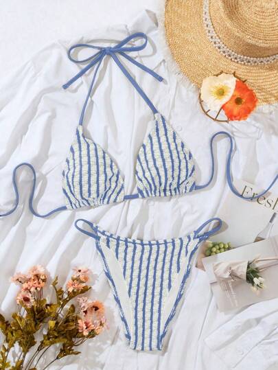 SHEIN Swim 條紋露背比基尼套裝，夏季沙灘池邊必備