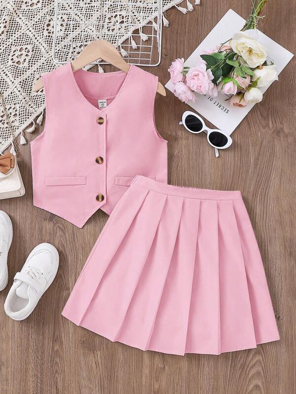 SHEIN Tween Girl Single-Breasted Vest + Pleated Skirt 2 Pieces Set, Elegant
