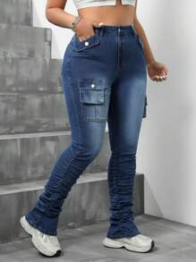 SHEIN ICON Plus Size Washed Denim Pants With Flip Pocket And Layered Design - Dark Wash - View 5