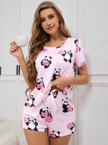 Conjunto de pijama para mujer con estampado de panda y rosquilla, cuello redondo, talla regular