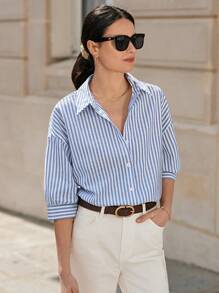 Poéselle Drop Shoulder Shirt Women's Long Sleeve Striped Shirt, Cute Summer Tops, Summer Women's Clothing, White Shirt, Fresh Casual Shirt, Button Closure, Covered Shirt, Lightweight And Breathable Made Of Comfy Material, Suitable For Holiday Going Out, Casual Daily 100% Cotton - Baby Blue - View 3