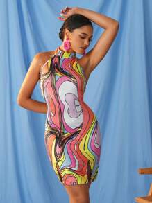 POLLEN X BEE 设计师款露背全印花夏季连衣裙、节日、派对、新年夜服装、情人节 - 彩色 - 查看 1