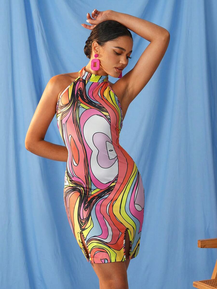 POLLEN X BEE 设计师款露背全印花夏季连衣裙、节日、派对、新年夜服装、情人节 - 彩色 - 查看 1