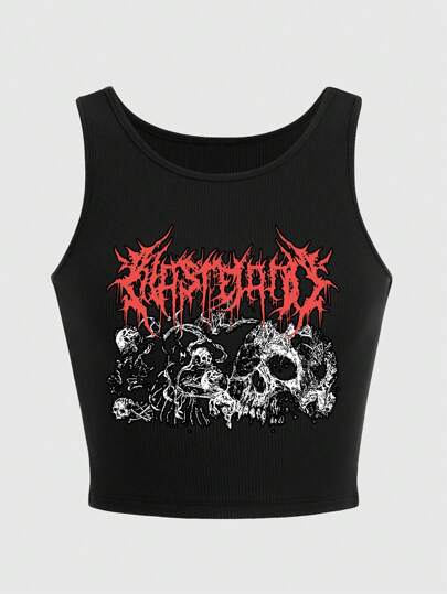 Grunge Punk Dark Punk Horror Skulls & Slogan Pattern Stretchy & Slimming Tank Top With Cinched Waist & Bold Letter Print, Plus Size, School