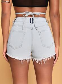 SHEIN BAE Women's Cross Waist Raw Edge Denim Shorts With Knot Detail