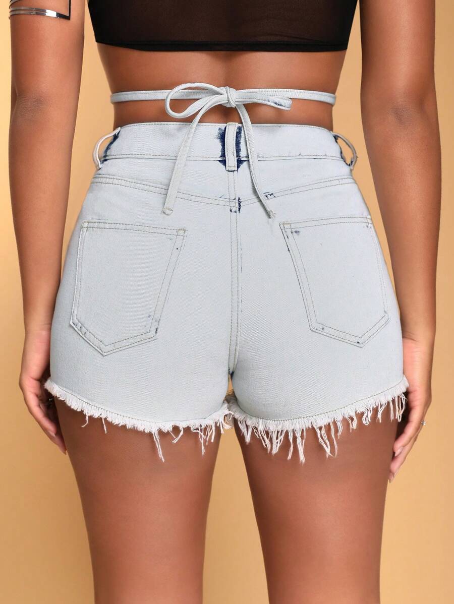 SHEIN BAE Women's Cross Waist Raw Edge Denim Shorts With Knot Detail