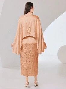 Modelyn 女士全印花斗篷袖连衣裙长款晚礼服 - 珊瑚橙 - 查看 2