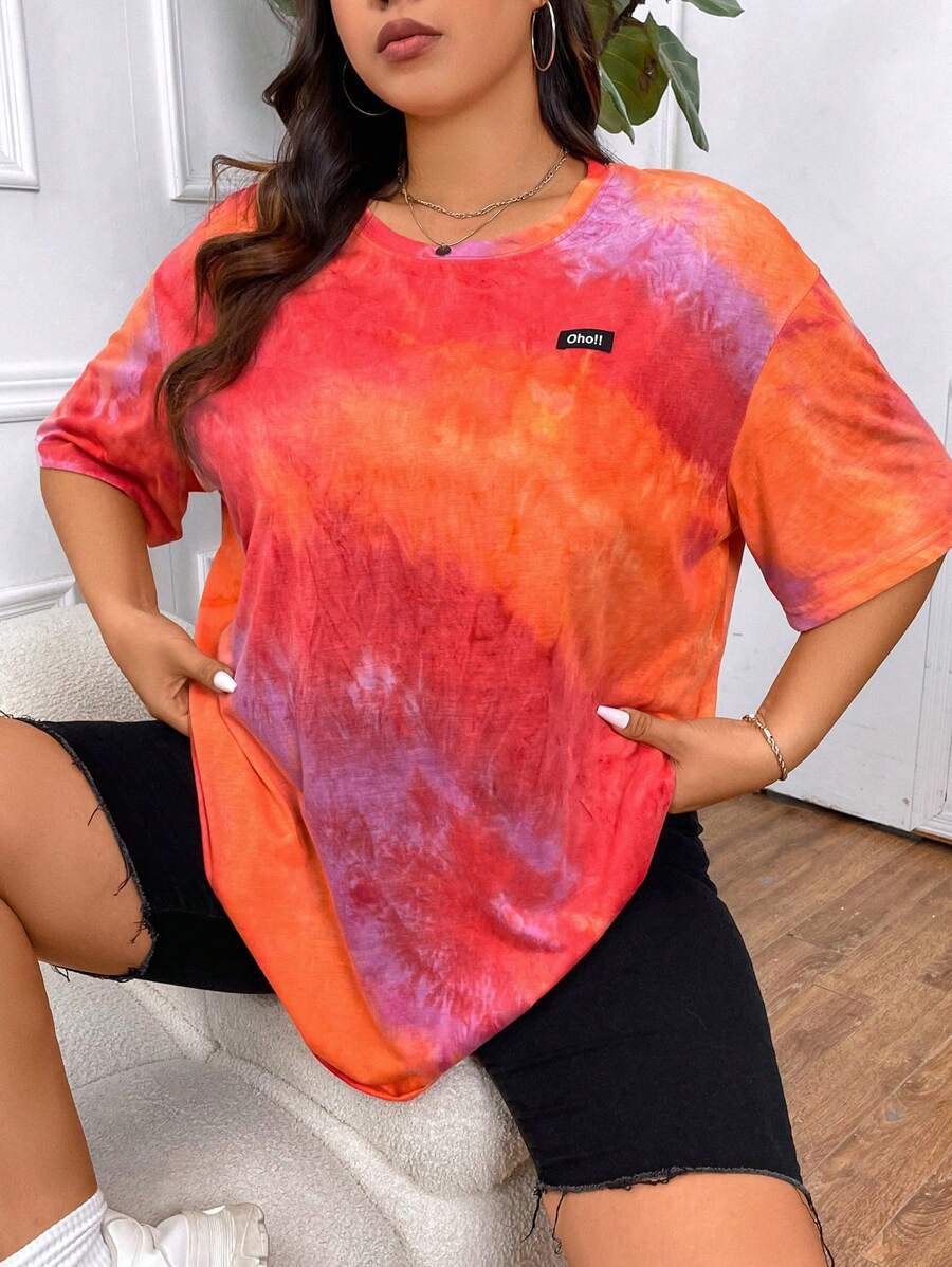 SHEIN EZwear 大尺碼夏季休閒染色針織短袖t卹 - 亮橙色 - 查看 1