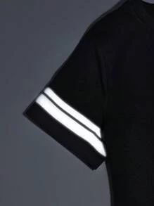 SHEIN 青少年男孩針織素色反光字母圖案短袖T恤，帶斜口袋和束口短褲2件套裝 - 黑色 - 查看 10